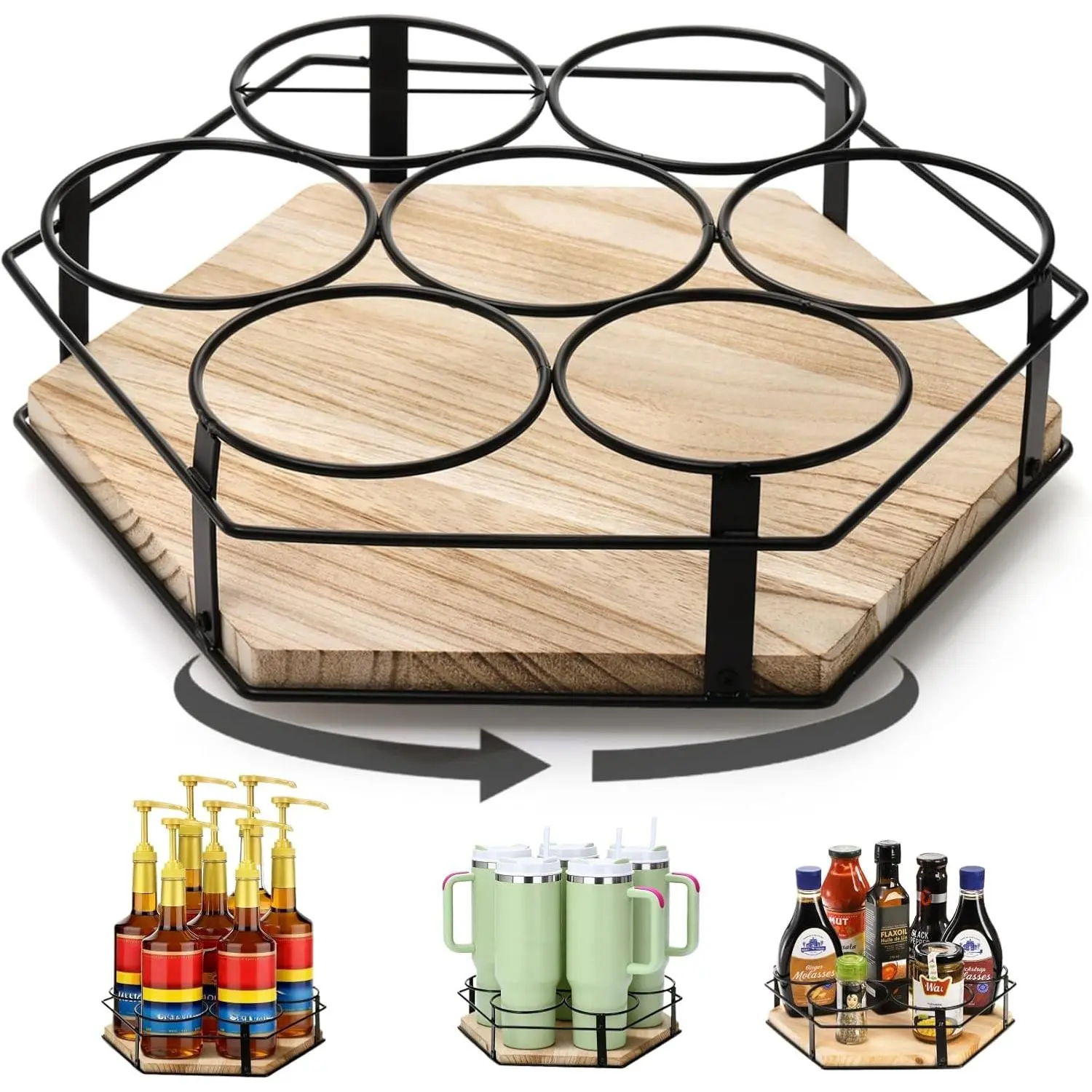 Rotating Coffee Syrup Organizer 7 Bottles, Coffee Syrup Rack Stand for Countertop, Tumbler Bottle Storage Holder, Turntable  Display Lazy Susan Tray for Coffee Bar Station, Kitchen, Pantry