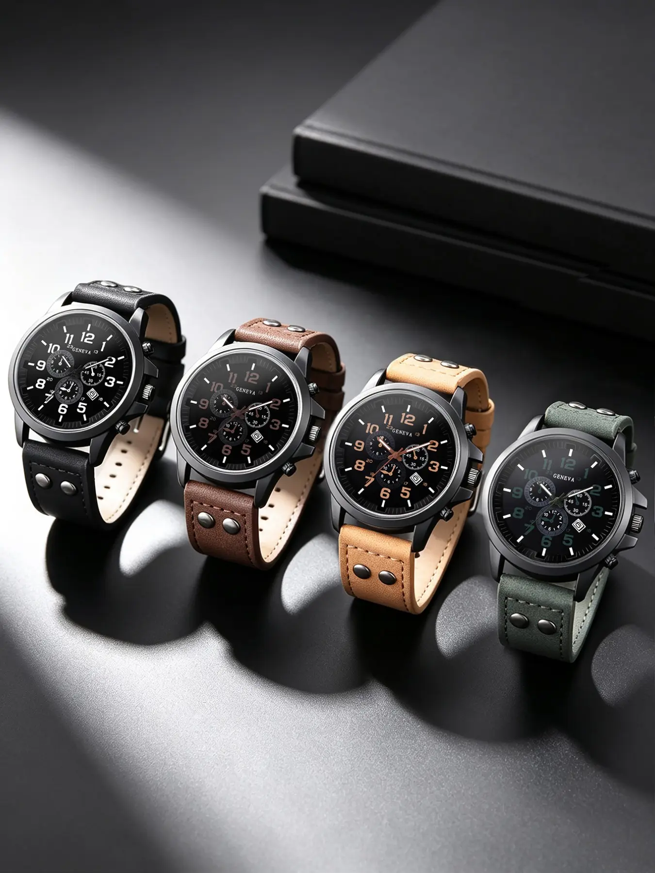New 4-Piece Hip-Hop Men's Watch Set with Calendar, Leather Dual Buckle, Business Sports, Couple Watches, Best Gift for Boyfriend/father