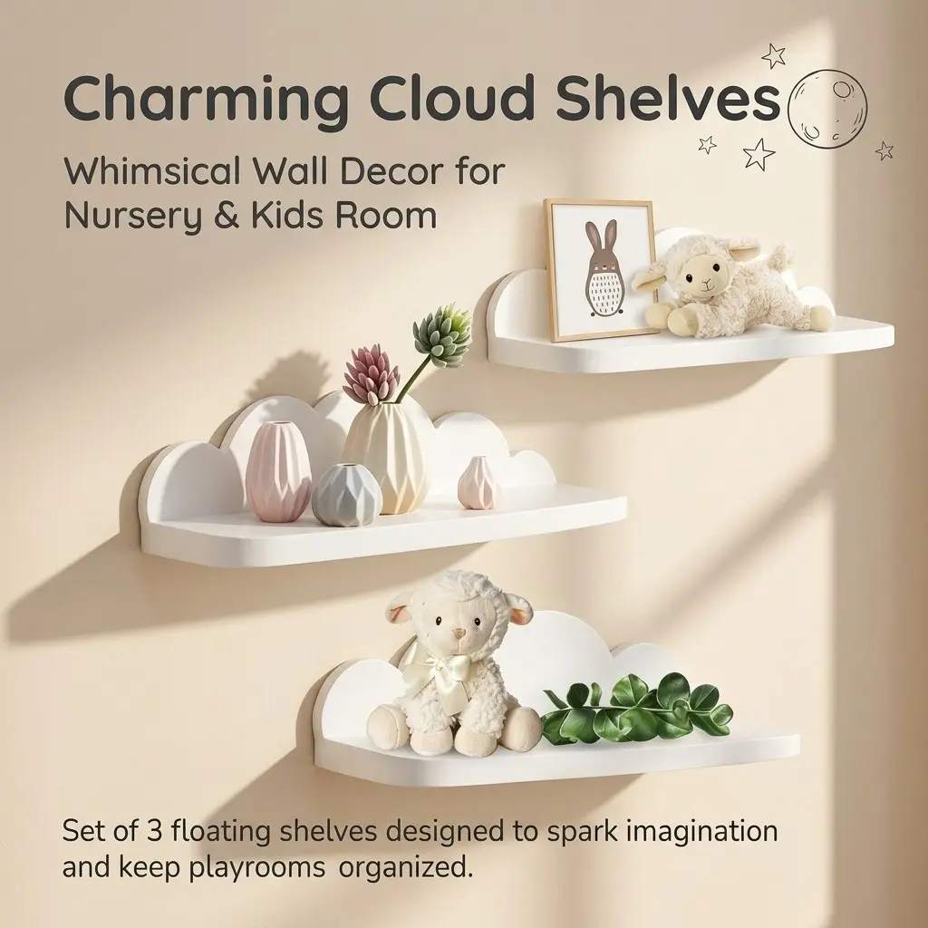 3 Piece Cloud Shape Floating Wall Bracket Set, Decorative Storage Rack for Living Room, Bedroom, Game Room, Home Decoration, Room Accessories