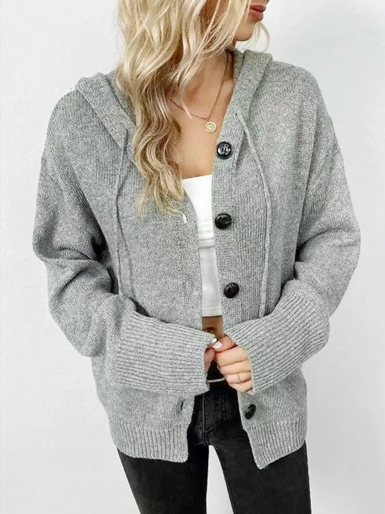 Plus Size Women's Solid Button Drawstring Long Sleeve Lightweight Single Row Button Knitwear Cardigan, Office Wear, Fall Winter Casual