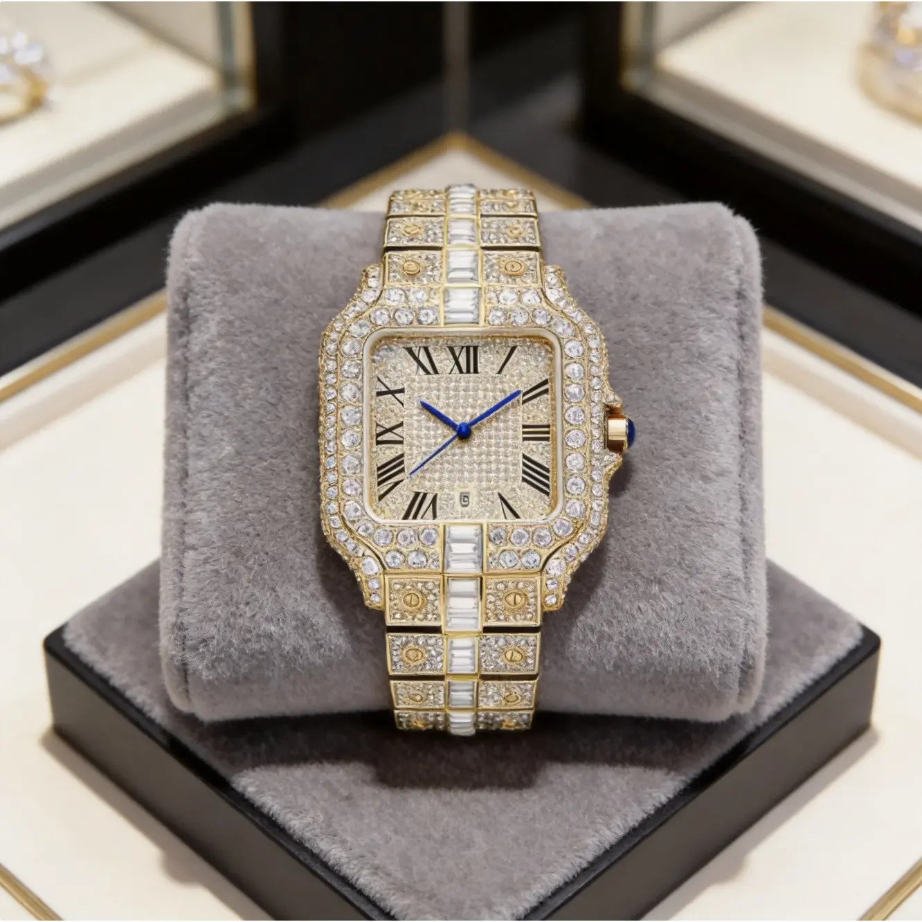 Luxury Gold Square Diamond Watch for Men/Women – Fully Iced Out Rhinestone Stainless Steel Bracelet Watch, Roman Numeral Dial, Blue Hands, Elegant Fashion Dress Wrist Watch