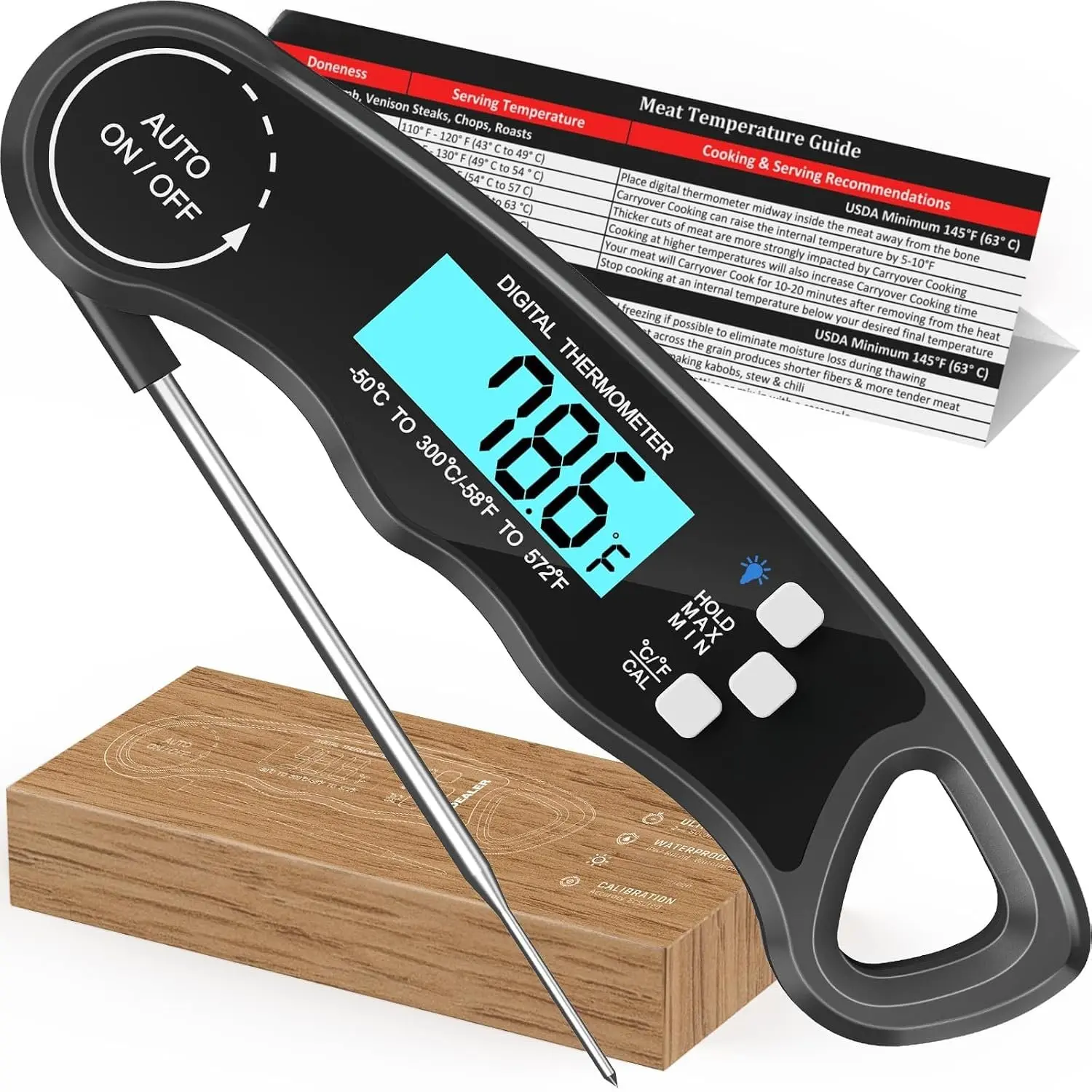 Digital Meat Thermometer for Grill & Kitchen Cooking, Stainless Steel with -50°c~300°c Range, Foldable Probe, Backlit Display, Backlight & Calibration Function