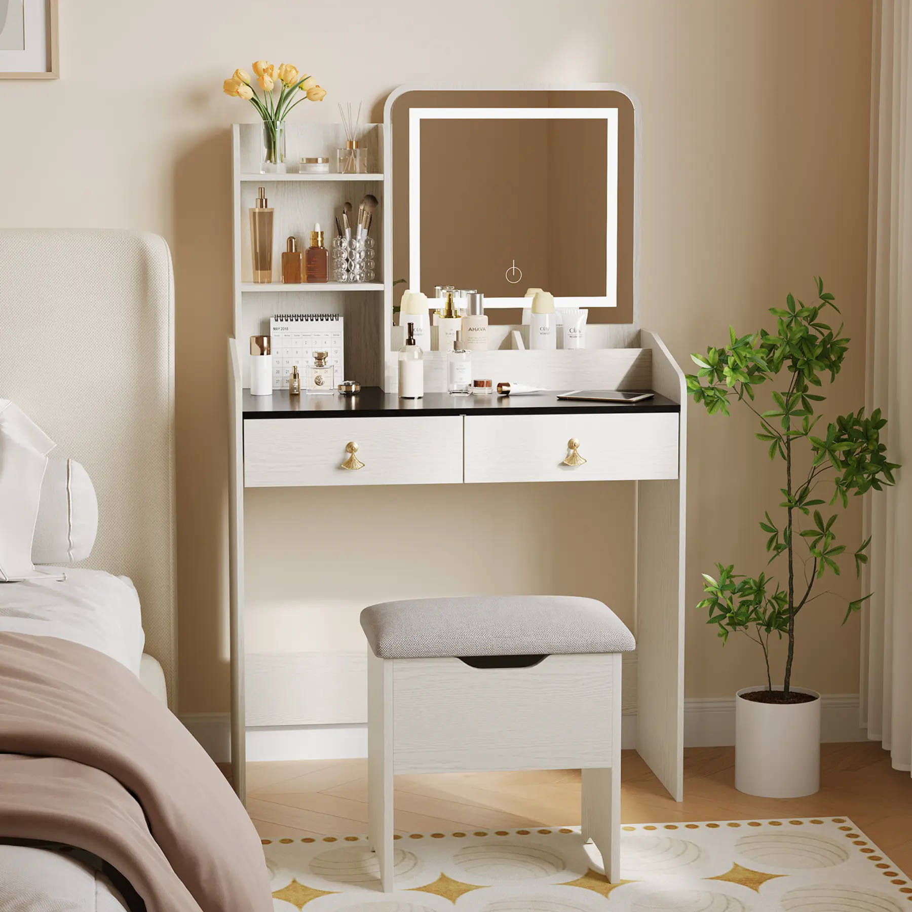 Modern Makeup Vanity Table with LED Lighted Mirror & Charging Station, Cream White Vanity Desk with Mirror Cabinet, 2 Large Drawers & Cushioned Storage Stool for Bedroom, Small Space Friendly