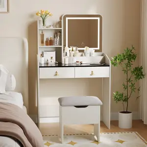 Modern Makeup Vanity Table with LED Lighted Mirror & Charging Station, Cream White Vanity Desk with Mirror Cabinet, 2 Large Drawers & Cushioned Storage Stool for Bedroom, Small Space Friendly