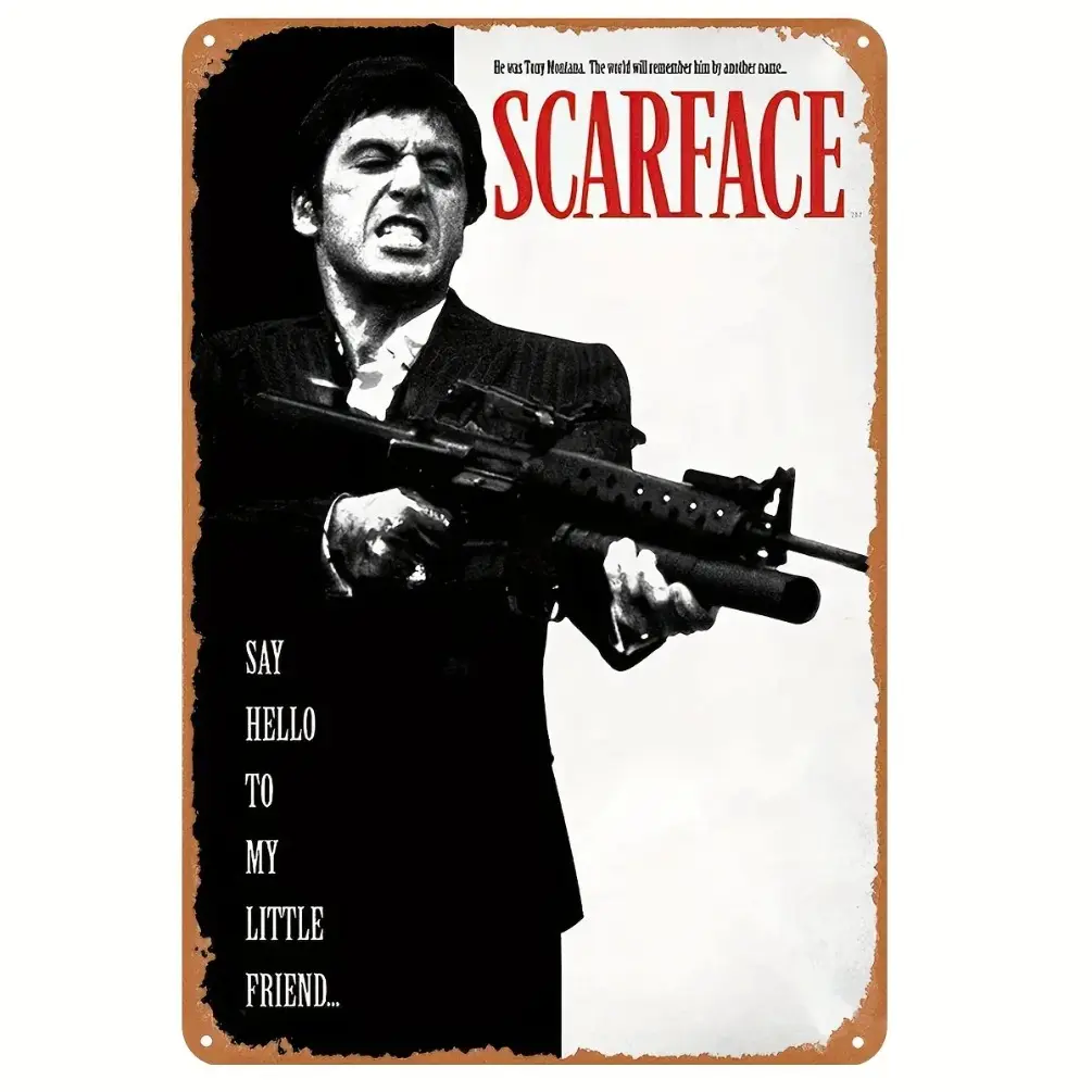 Scarface Movie Poster Metal Print Aluminium Tin Sign - 20*30cm/8*12inch, Indoor/Outdoor Hanging Weatherproof Plaque, Modern Home Decor Decoration Item, Bathroom-Friendly, Command Strips Ok, Jute Rope Mount, Gift for Movie Lovers (Study Use), Decoration It