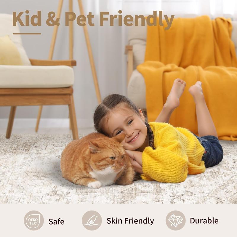 Area Faux Cashmere Rug 5x7, Washable Rugs for Living Room, Vintage Boho Beige Rug for Office, Dining Room, Kids Room and Farmhouse, Durable Low Pile Non-Slip Area Rug for High Traffic Areas