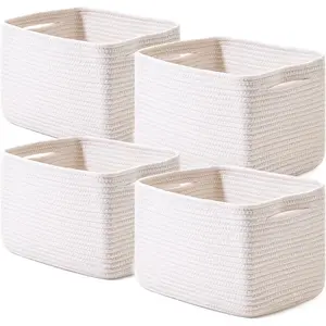 Storage Baskets for Organizing, Woven Basket for Storage, Storage Baskets Bin for Shelves, Cotton Rope Basket with Handles, 12.5"Lx9.1"Wx7.9"H, (4 Packs) Off White