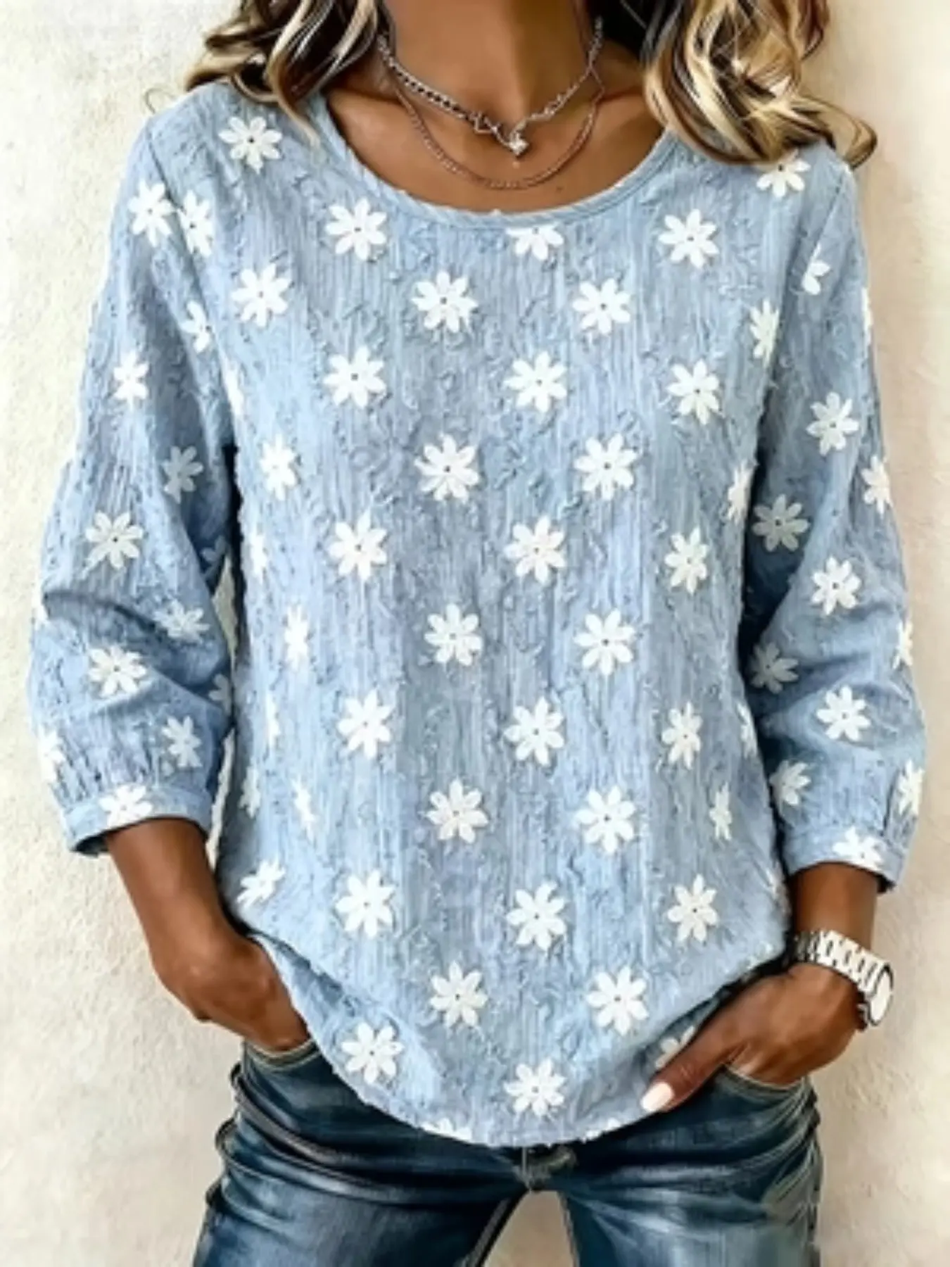 Summer Plus Size Women's Long Sleeve Round Neck Digital Print T-Shirt, Loose-Fitting All over Print, Comfortable and Versatile, Casual Top