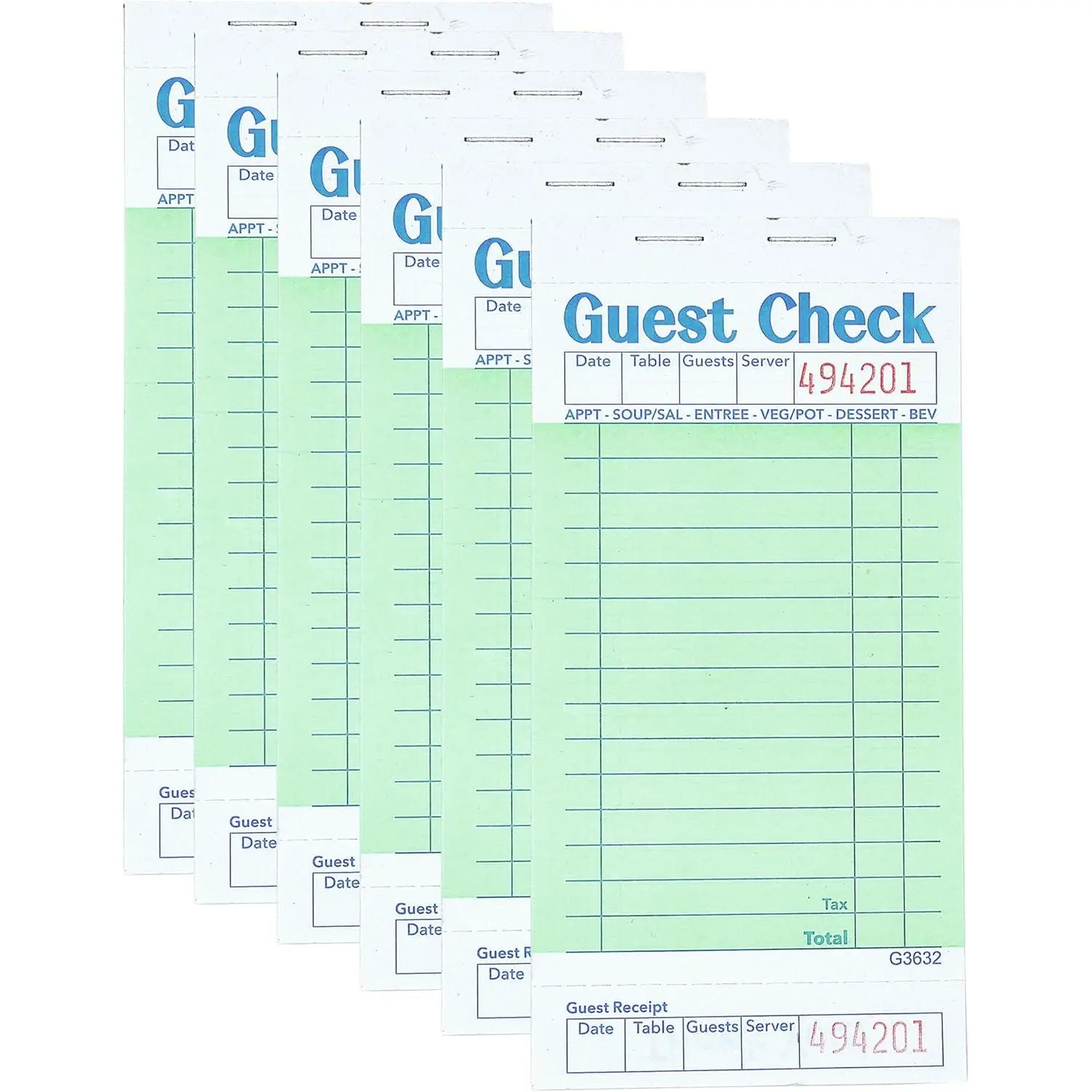 Budgenix 6-Pack Green Guest Check Server Note Pads, 300 Orders, Bottom Receipt Included, Restaurant Waitress Server Book for Small Businesses (Synthetic Material)