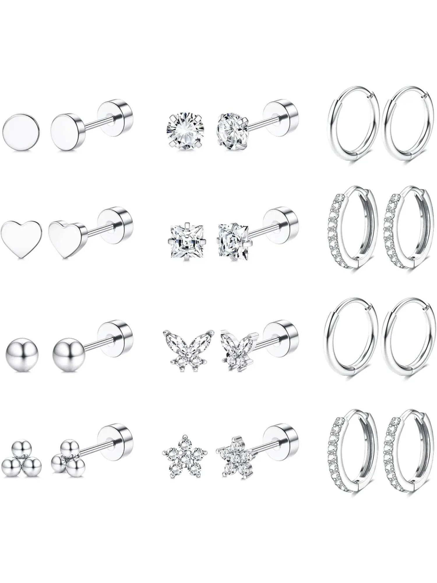 14K Gold Plated Hypoallergenic Flat Back Cartilage Earring Set for Women Men, Surgical Stainless Steel Small Stackable Hoop Stud Earrings for Sensitive Ears Multiple Piercings Daily Jewelry Gift Fashion Earring