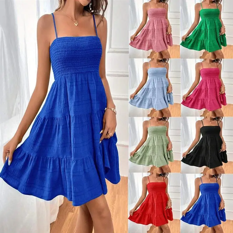 Women's V-Neck Spaghetti Strap Smocked Bustier Mini Dress - Blue Ruffled Tiered Swing Dress, Hand Wash, Ideal for Summer Casual, Anniversary, Bachelorette Party, Bridal Shower, A-Line, Birthday, Clothes, Party Dress
