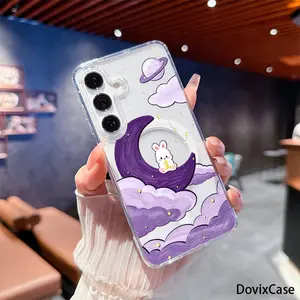 Cute White Rabbit Sitting on Purple Crescent Moon Galaxy HD Clear Shockproof Transparent Acrylic Magnetic Printed Phone Case for Samsung Galaxy S26 S25 S24 S23 S22 S21 S20 Fe Plus Ultra Edge S10E A57 A56 A55 A54 A37 A36 A35 A34 A26 A25 A24 A23 A17 A16 A15