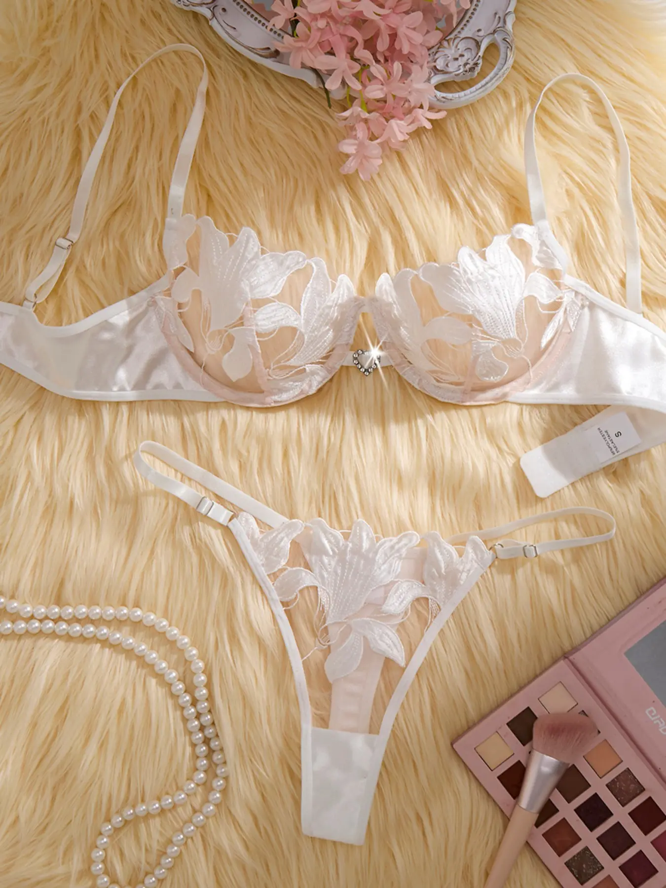Lily Embroidered Satin Bra Set, Lingerie, Soft Steel Band Support, Lifted Design, Sweet Style for Daily Wear, Vacation, Dates, Underwear