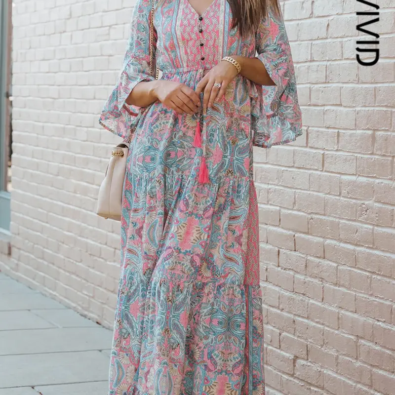 Women's All Over Paisley Print Button Front Ruffle Hem A Line Maxi Dress, Boho Fashion Drawstring V Neck Long Sleeve Dress for Daily Holiday Vacation Wear, Women Dress for Fall & Winter,  Wedding Guest Dresses