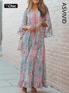 women's all over paisley print button front ruffle hem a line dress, boho fashion drawstring v neck long sleeve dress for daily holiday vacation wear, women dress for fall & winter, wedding guest dresses, casual wear