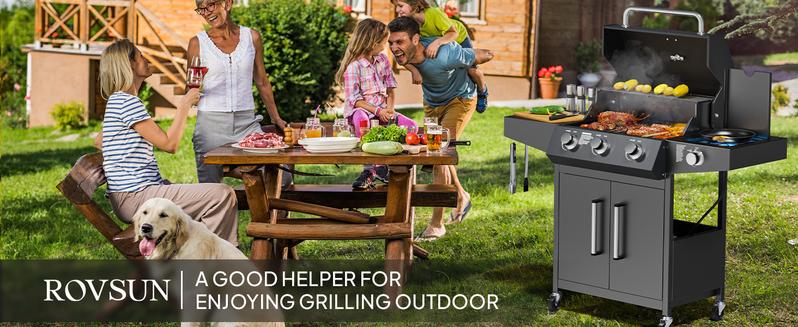 ROVSUN 3 Burner Propane Gas Grill with Side Burner, 46,000BTU BBQ Grills with Enameled Cast Iron Grates, Shelf & Cabinet for Outdoor Garden Patio Backyard Barbecue Cooking
