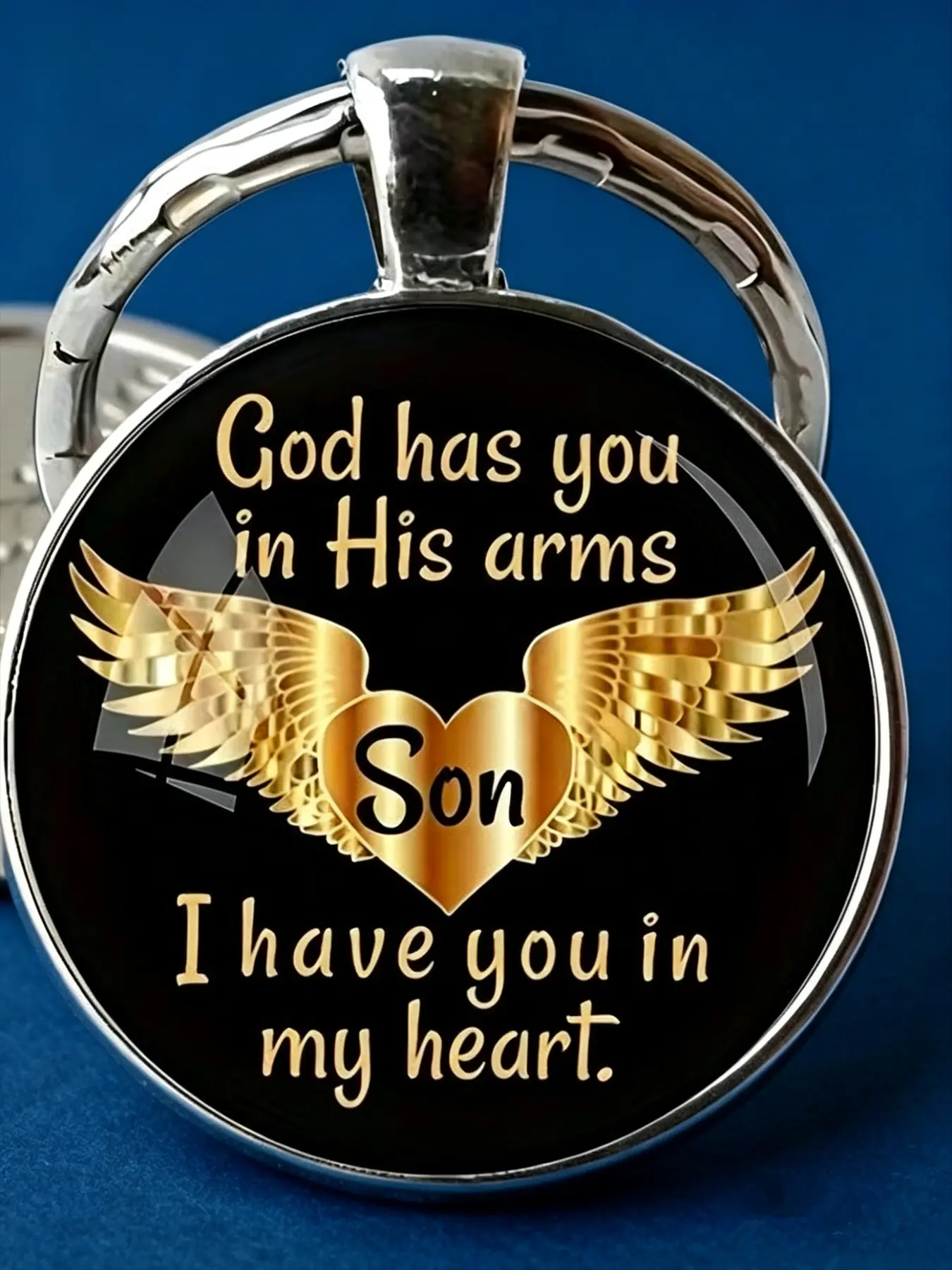 1 PC "God Has You in His Arms" Son Remembrance Keychain, Loss of Son Sympathy Gift, Personalized Memorial Keyring with Angel Wings