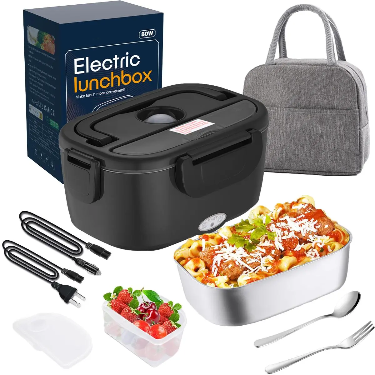 80W Fast Heating Electric Lunch Box Portable Food Warmer For Adults Car Truck Home Office Use 110V 12V 24V Universal Voltage 1.8L 304 Stainless Steel Container Fork Spoon Included