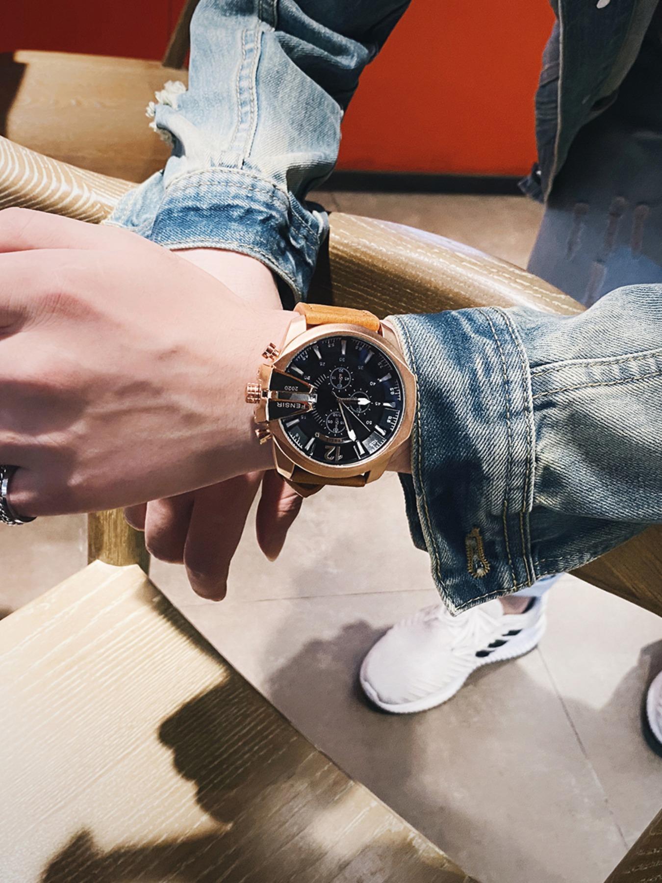 Men's Business Fashion Round Dial Analog Quartz Watch, Business Fashion Watches, Business Leather Watch for Party, Daily Clothing Decor, Trendy Exquisite Watch for Birthday Gift with Box