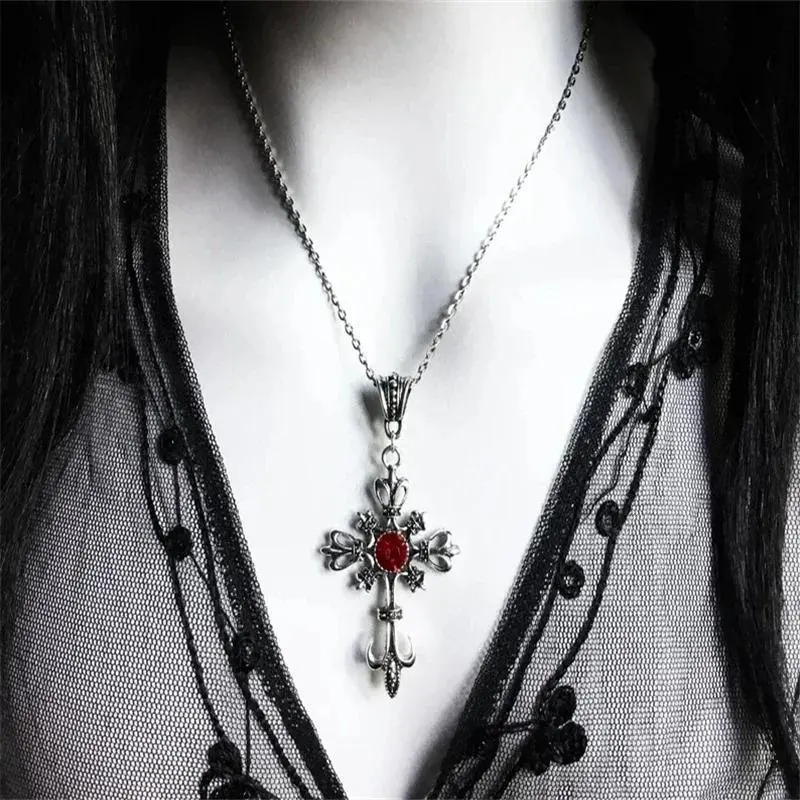Vintage Ruby Cross Pendant Necklace, Gothic Dark Statement Pieces, Link Chain Jewelry for Daily Wear with Gothic Look