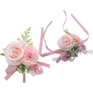 2 Pack Pink Flower Wrist Corsage Boutonniere Set,3" Artificial Rose Carnation Wrist Corsage and Men Boutonniere Set,DIY Silk Flower for Wedding Flowers Accessories Prom Suit Decor