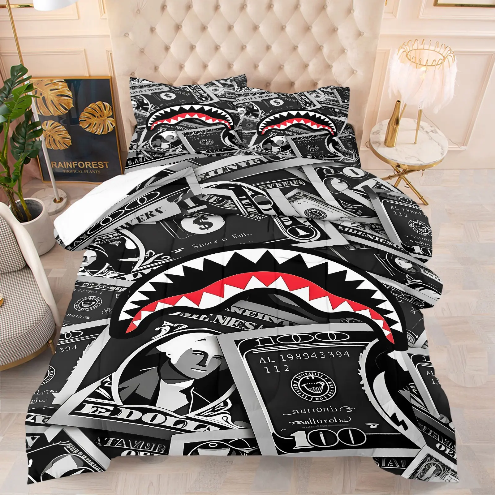 Black Grey Silver Dollar Base and Serrated Fang Shark Mouth Print Comforter Set, 1 Quilt + 1-2 Coreless Pillowcases, Comfortable Easy Care Bedding for Youth/Streetwear Fan Bedroom Dorm Gaming Room Decor