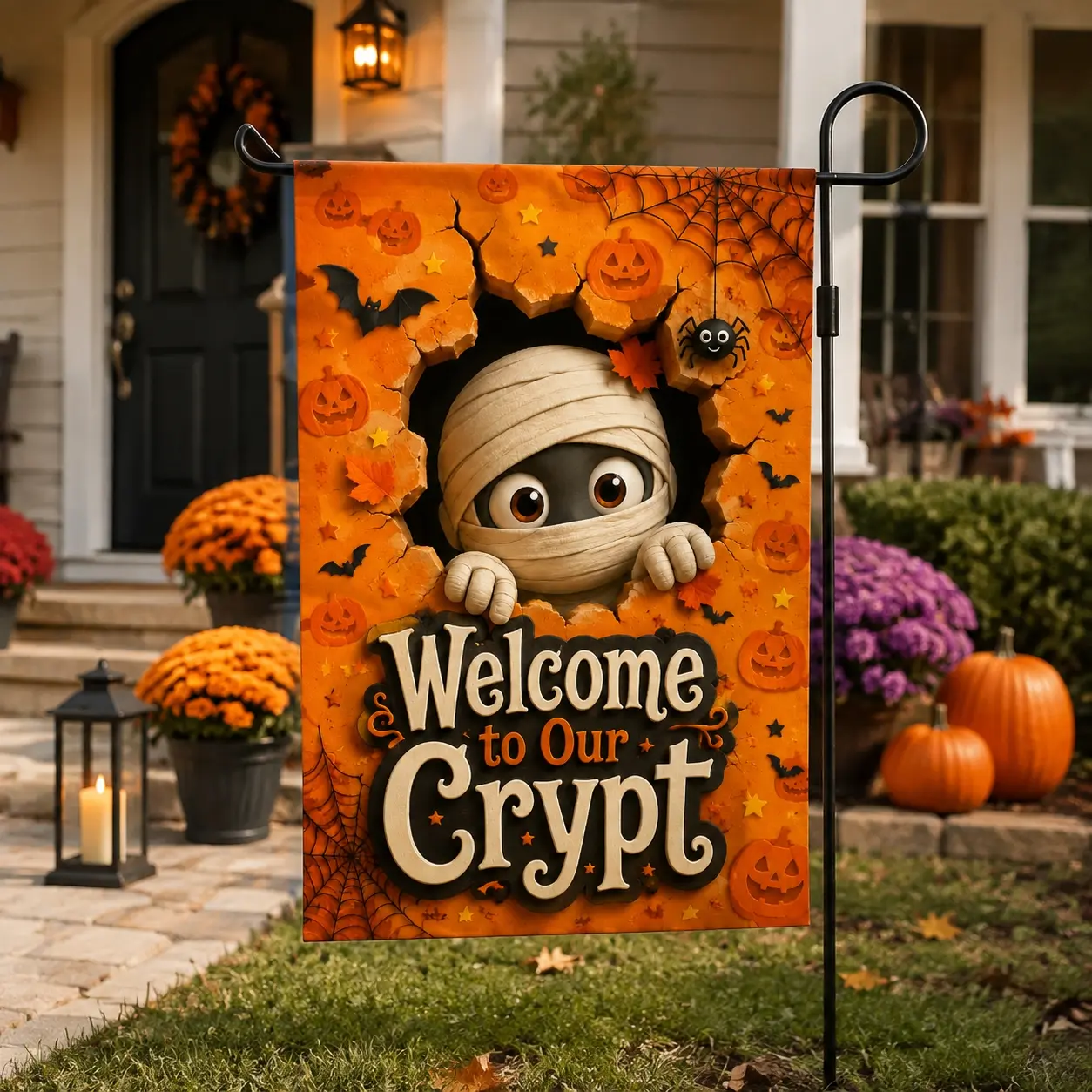 1pc Mummy Pumpkin Spider Web Garden Flag, Whimsical Halloween Style, 3D Effect Mummy Peeking Through Cracked Wall with Welcome to Our Crypt Typography, for Outdoor Porch Yard and Halloween Decor