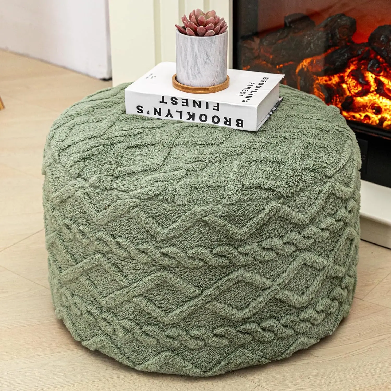 Round Stuffed Pouf Ottoman 20x12 Inches Floor Pouf Chair Modern Foam Foot Rest for Couch Living Room Bedroom Home Decor Pouffe Sage Green