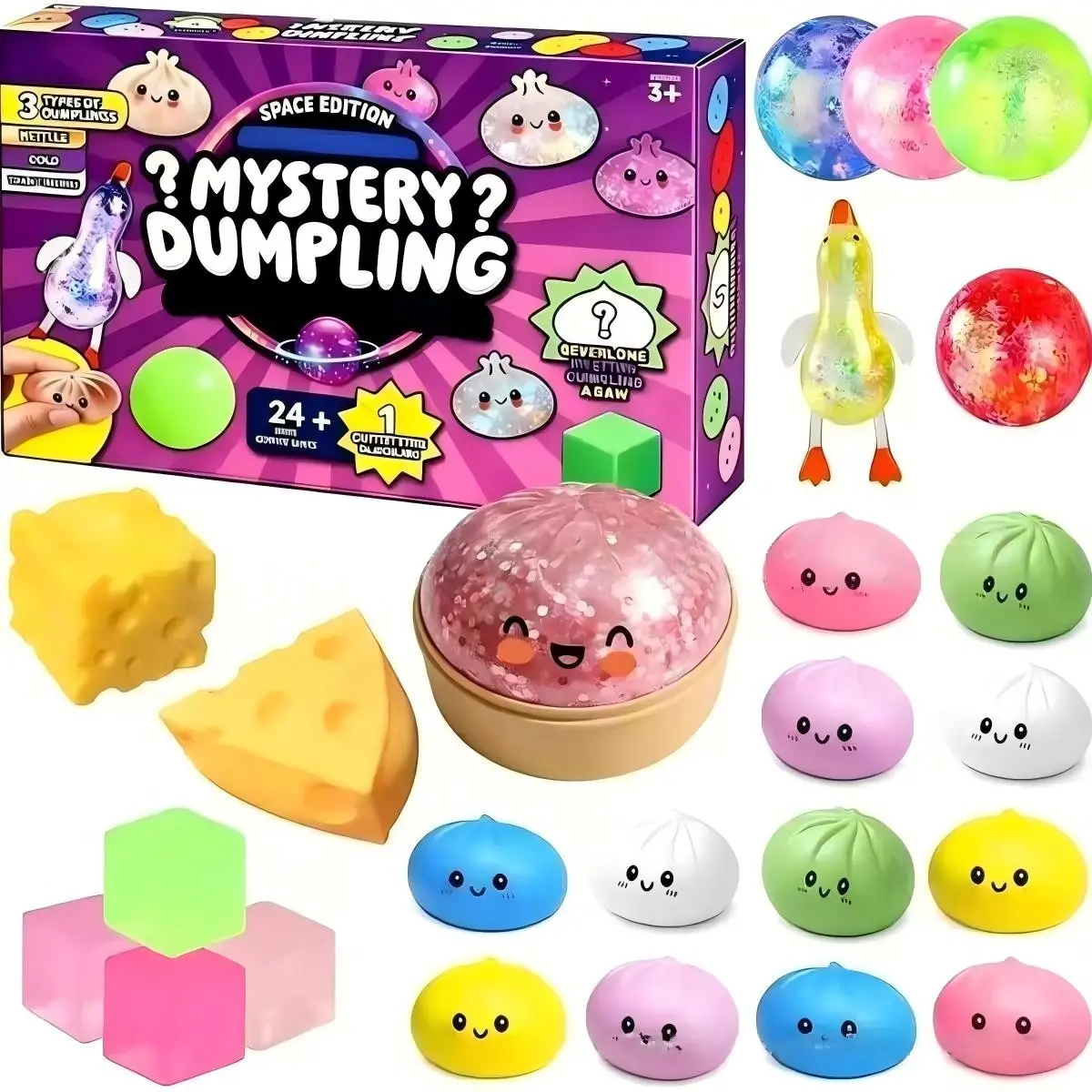 25Pcs Space Mystery Dumpling Countdown Calendar Squishy Fidget Toys Blind Box, 24+1 Hidden Surprise Squeeze Stress Relief Toy Kids Holiday Gift, Squishies Fidget Packs