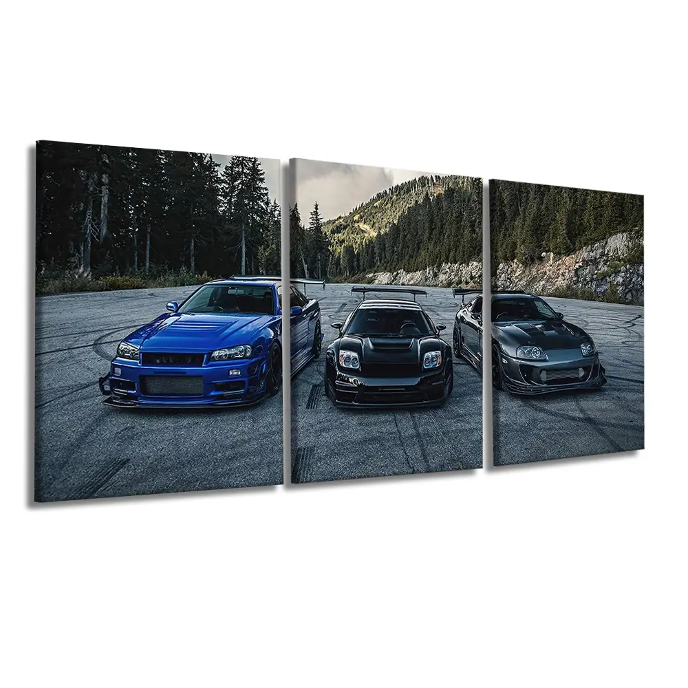 3 Pcs/Set Wooden-Framed Canvas Painting, JDM Multi Color Sport Racing Car Mountain Forest Road Scene Triptych Art Print for Living Room, Bedroom, Office Decoration, Modern Home Decor, Fashion Artistic Ornaments, Artwork
