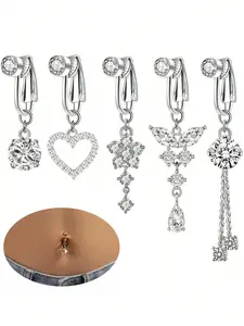 5 Piece Non-Piercing Belly Button Clip Set, Sparkling Zircon Butterfly Flower Pendant, Shimmering Rhinestone Fake Belly Ring, Sweet Cool Women's Body Jewelry