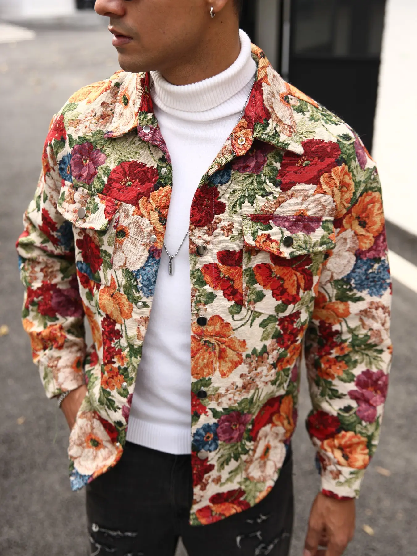 Vintage Floral Artistic Jacket, Embroidered Abstract Pattern, Button Front with Chest Pocket, Polyester Unlined, Casual Fall & Winter Outerwear