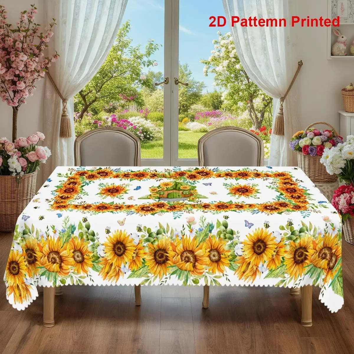 Sunflower Ring Rectangular Tablecloth, Rustic Farmhouse Style, Perfect for Outdoor Tea Breaks, Fall Thanksgiving Decor, Group Dining
