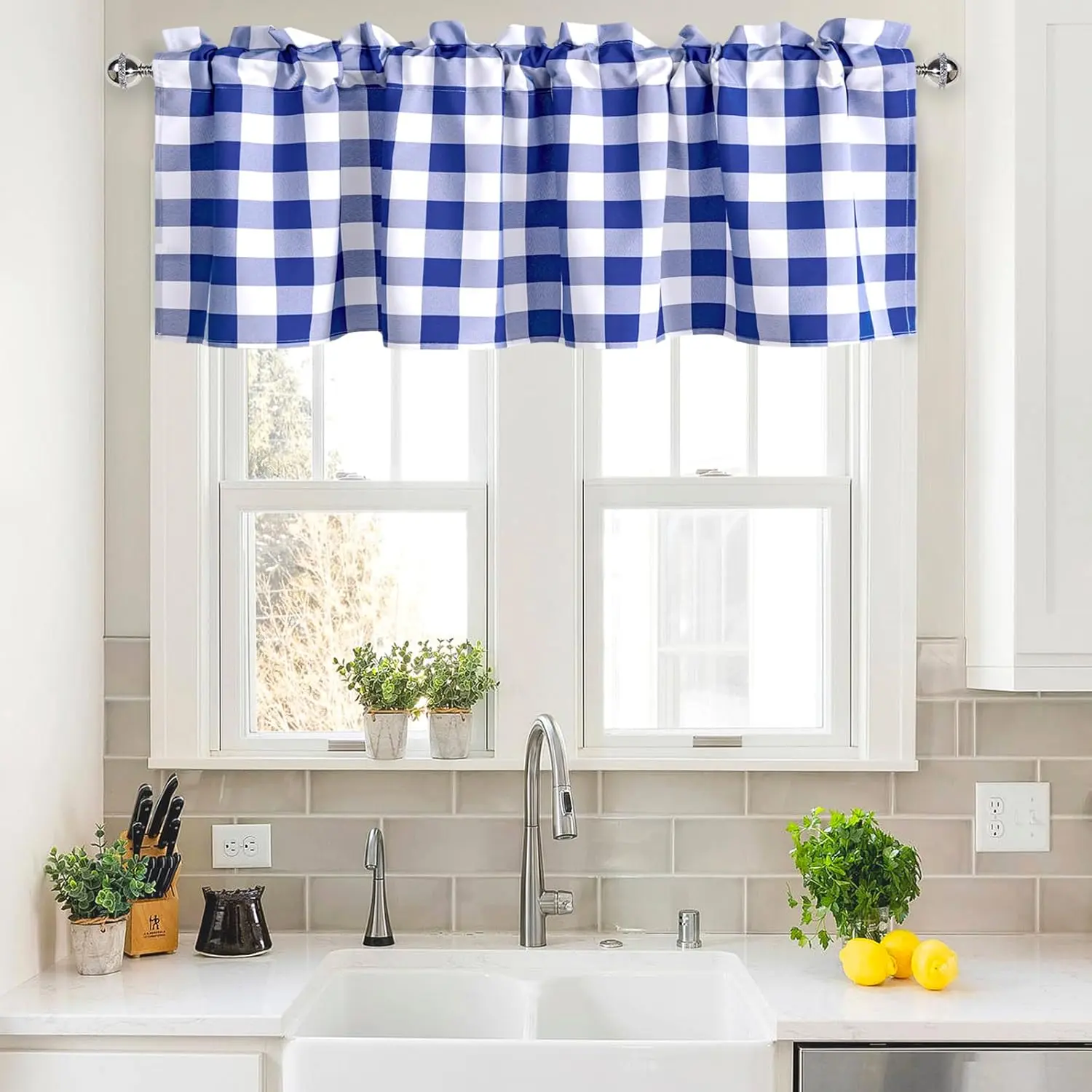 Classic Plaid Checkers Rod Curtain Drape for Bedroom, Living Room - 42x18 Inches, Blue and White, 1 Panel, Do Not Bleach, Dry on Low, French Country, Windows Compatible