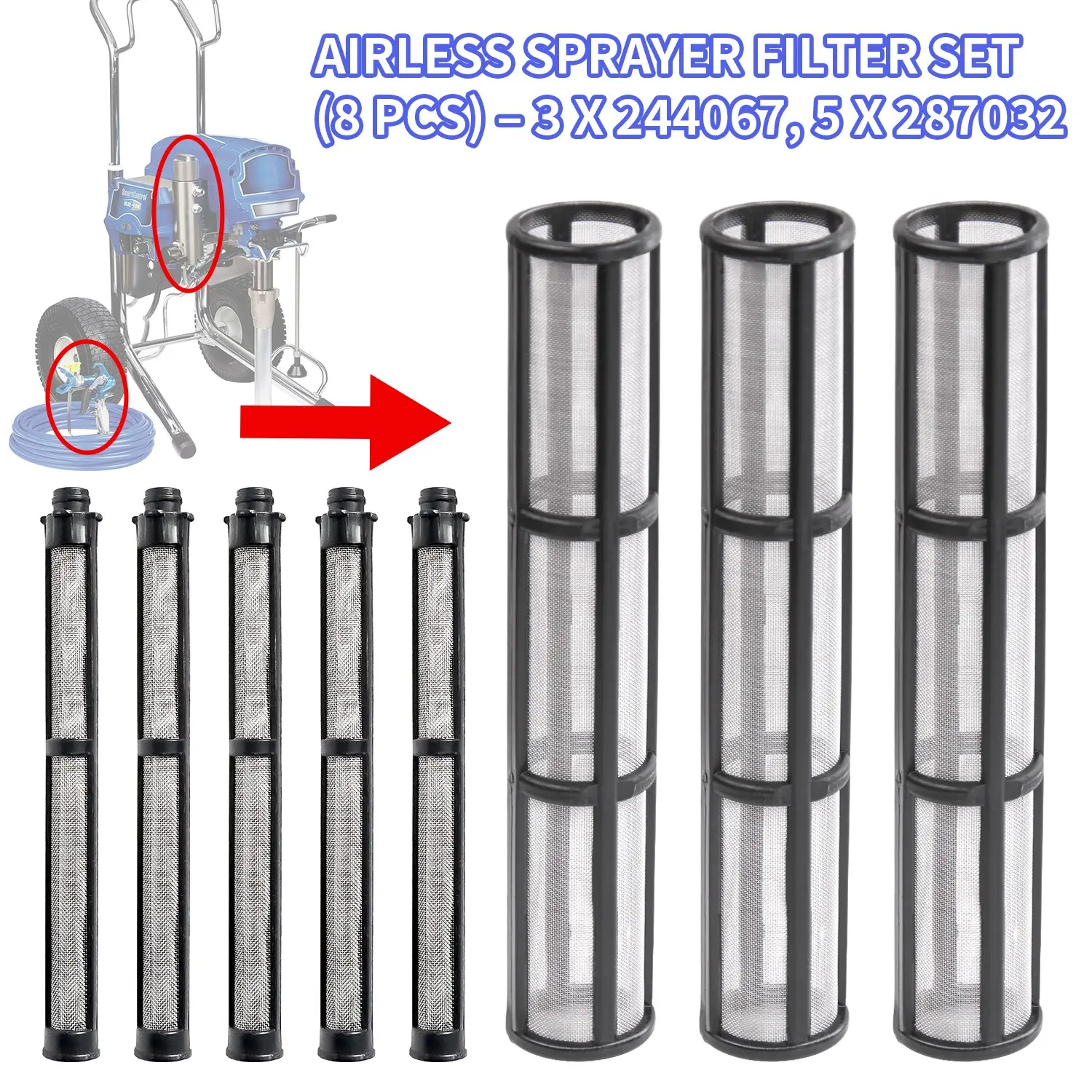 (3+5) Pack Airless Spray Filter Screen Set, Replacement for Gra-Co Paint Sprayer Parts, 695 795 1095 1595 3900 5900 7900 Pump Inner Core