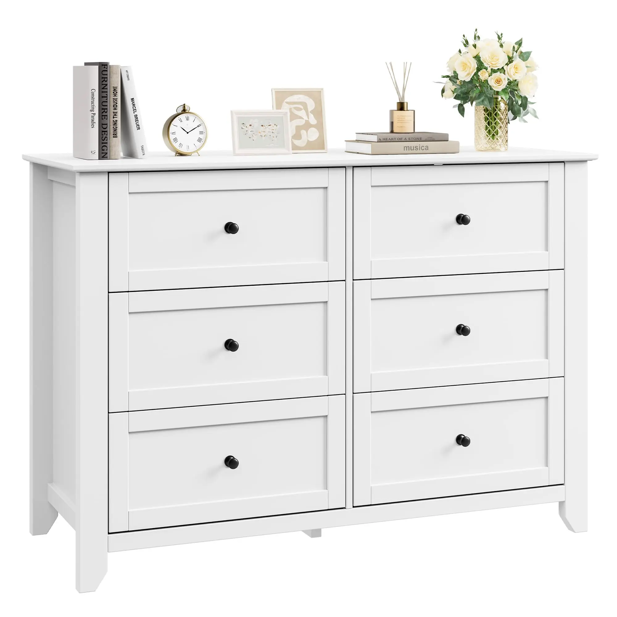 6 Drawer Dresser for Bedroom, 47.2" Wide Modern Large Dresser with Deep Drawers & Metal Knobs, Modern Wooden Chests of Drawers for Entryway, Hallway, Nursery, Living Room, Apartment, White/Dark Green