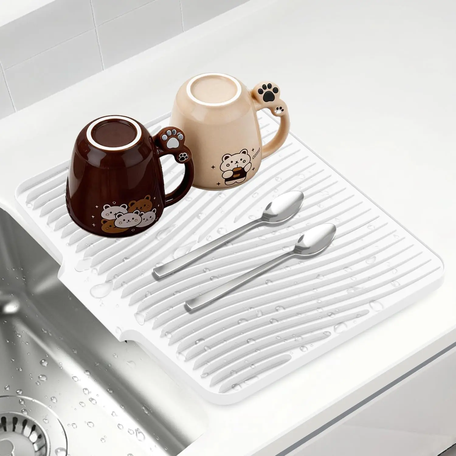 Dish Drying Mat for Kitchen counter, 15.8"x13"  Non-Slip Drain Pad with -in Drainage, Heat Resistant Dishwasher Safe,