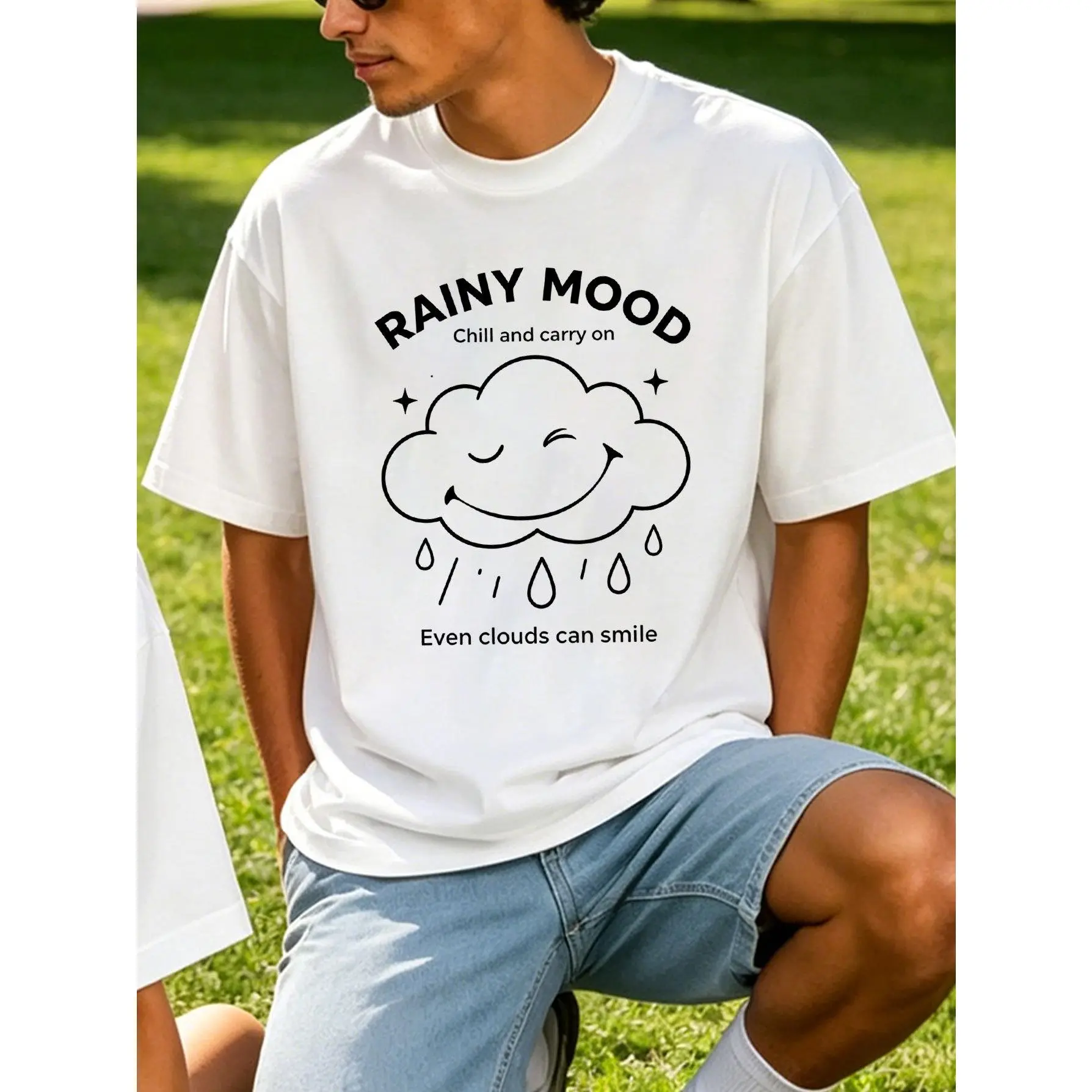 Cute Rain Cloud Graphic T-Shirt for Men, Funny Weather Mood Shirt, Cartoon Cloud Streetwear Tee, Aesthetic Casual Graphic Top, Gift for Him