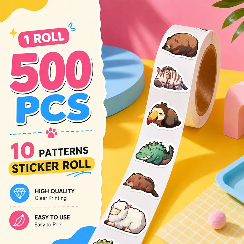 500PCS/Roll Sleepy Animals Sticker Roll, 10 Designs Aesthetic Decorative Sticker Tape, Self Adhesive Journaling Stickers for Notebook, Laptop, Phone Case and Daily Decoration