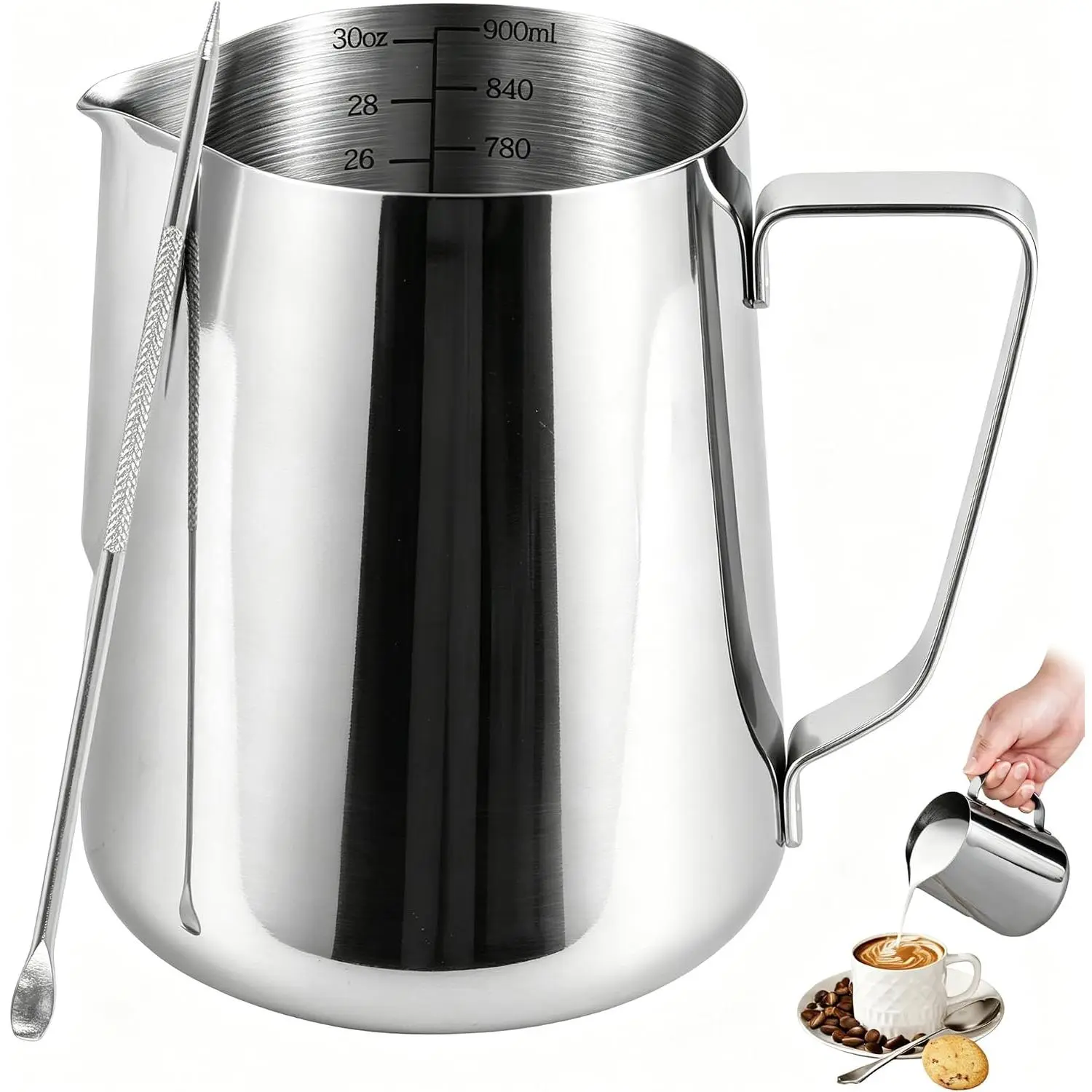 32oz Stainless Steel Milk Frothing Pitcher with Measurement Marks & Art Pen | 900ml Large Capacity Steaming Pitcher for Coffee, Cappuccino, Latte Art Milk Jug Cup for , Coffee Shops, Offices