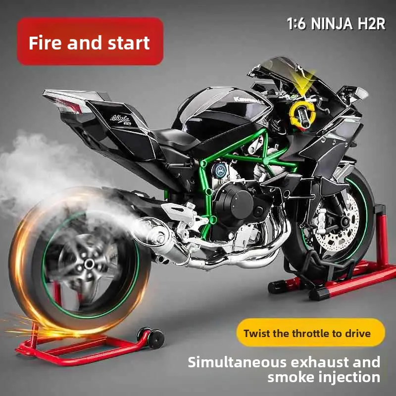 1:6 Scale Alloy Body Kawasaki H2R Collectible Miniature Replica Motorcycle Toy for Enthusiasts, Includes Cells, Manual Control, Smoke + Lights, Engine Sound, Movable Throttle, Key Start Features