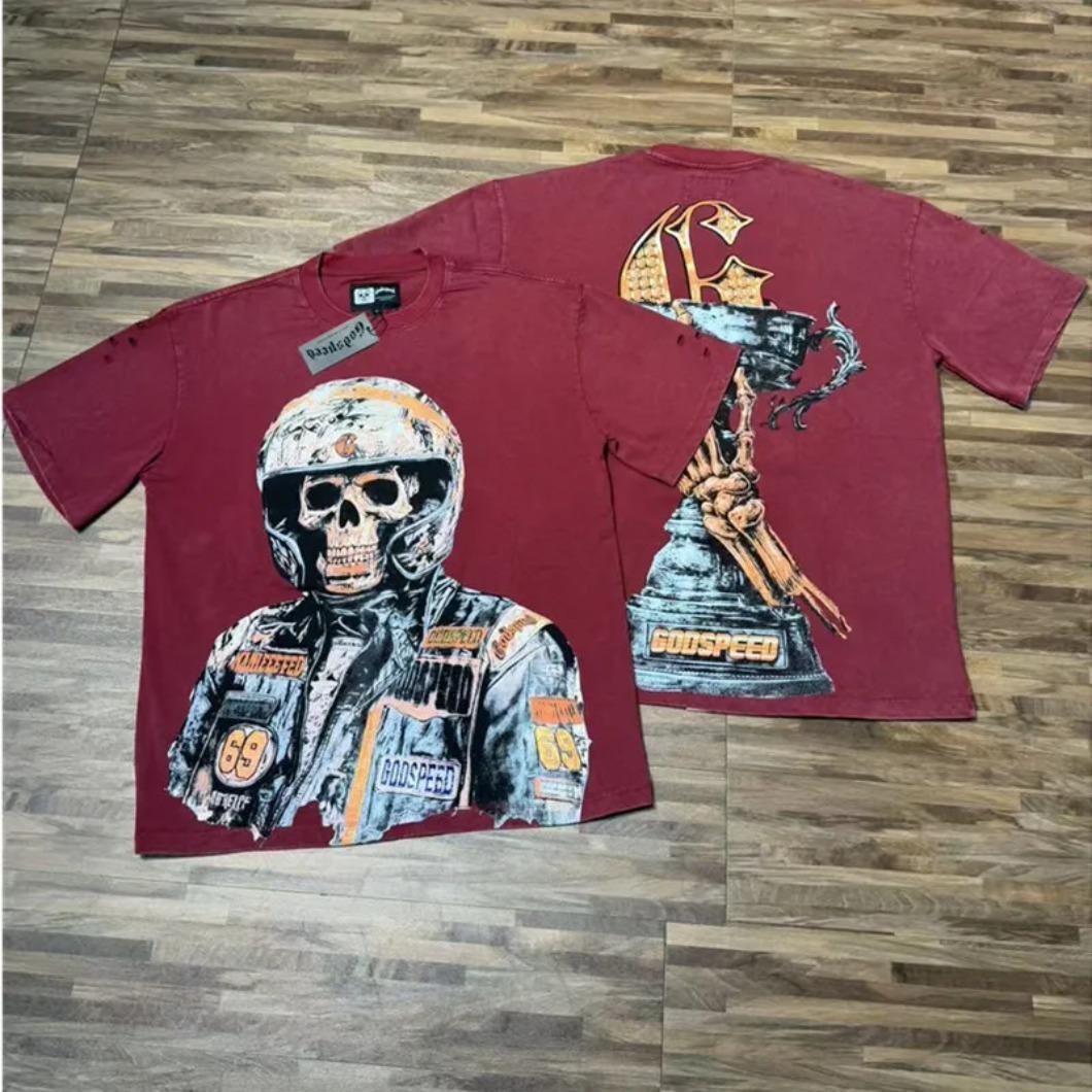 Real Photo Original Label Ripped Hot Drill Godspeed Short Sleeves T Shirt American Cotton Vintage Washed Rhinestone Bling Oversized Loose Unisex Round Neck Streetwear Hip Hop Y2K Casual Tops Tees With Tags For Men Women