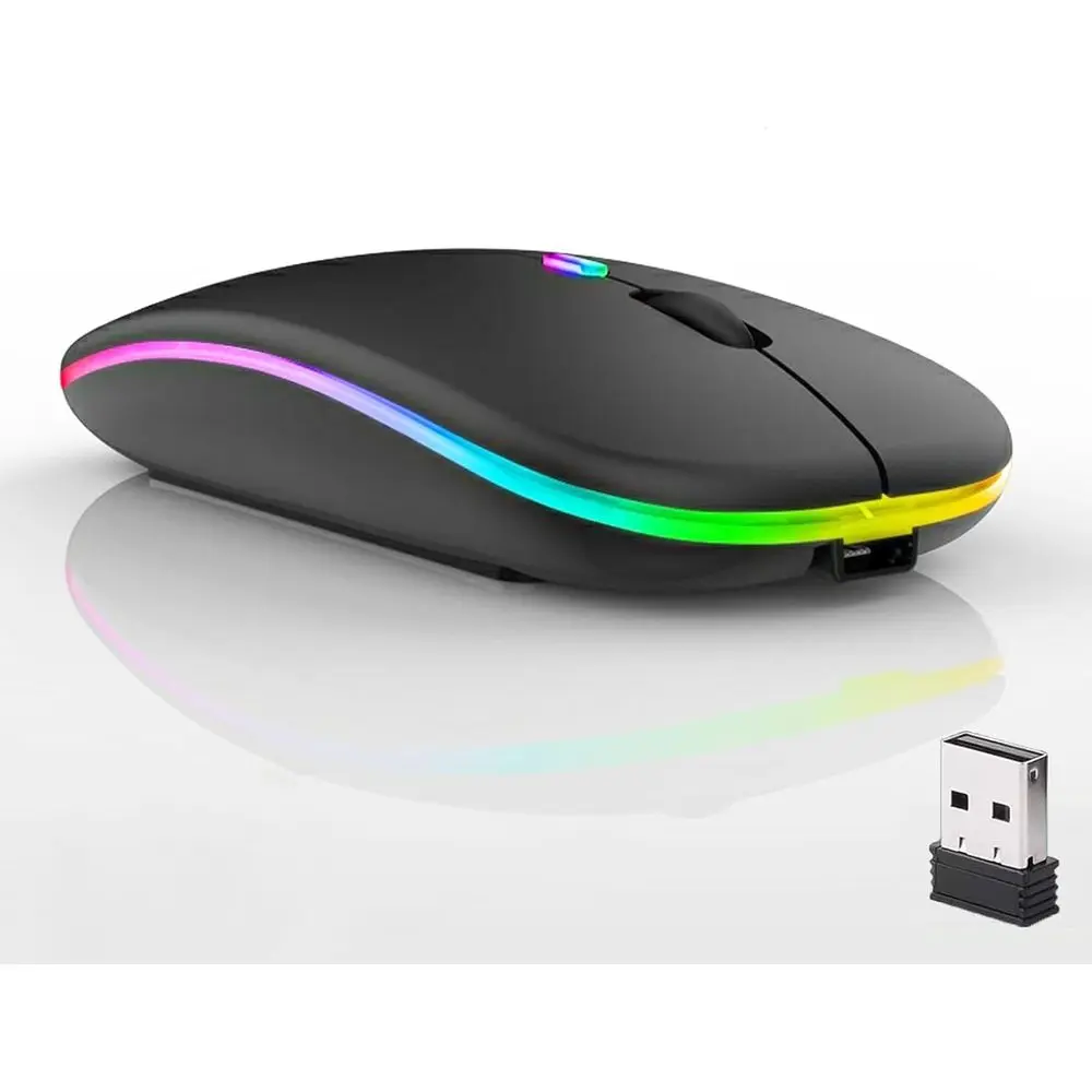 Wireless Bluetooth Mouse,LED Dual Mode Rechargeable Silent Slim Laptop Mouse,Portable(BT5.2+USB Receiver) Dual Mode Computer Mice,for Laptop,Desktop Computer,ipad Tablet,Phone,TV (Black)