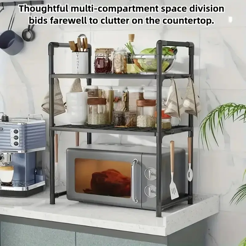 Microwave Rack Widened Thickened Oven Bread Machine Shelf, Dual Layer Kitchen Organizer with Handle Hook, Spice Storage Rack