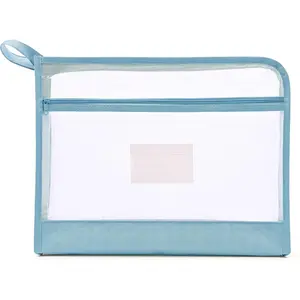 Mesh Zipper Pouch Bag with Handle, A4 Sized Double-Layer Clear Nylon Document Bags with Label, 14 x 10 in File Storage Organizer for School Office Travel Supplies (Blue)
