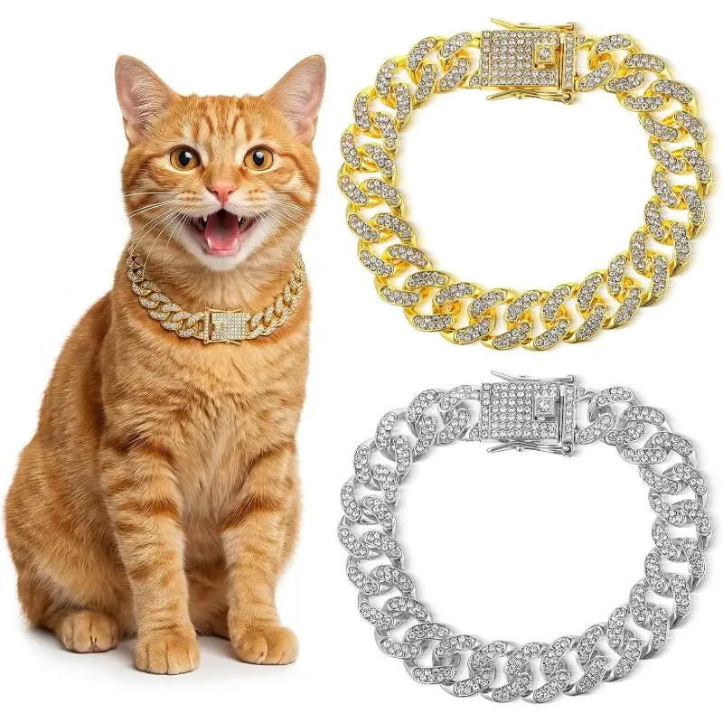 Golden Cat Chain Collar, 2pcs Metal Pet Necklace with Cuban Link Design, Adjustable And Lightweight Jewelry for Cats And Small Dogs, Golden And Silver