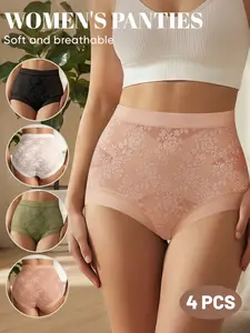 4-Pack High-Waisted Underwear Set, Elegant Lace Cross Design Waist Trainer, Perfect for Daily Wear, Women's Fashionable Innerwear, Panties