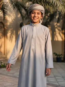 Muslim Boy Thobe, with Embroidery, Button Design with Side Pockets, Suitable for Ages 8-12, Casual/formal/eid