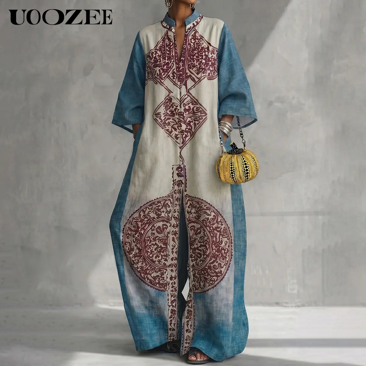 UOOZEE Women's Bohemian Jumpsuit, Lightweight Ethnic Print with Batwing Sleeves, Oversized Wide Leg with Pockets and Back Zipper for Tropical Vacation & Street Style, Overalls, Flat, Tassel, Jumpsuits For Women, Plussize, Mock Neck, 3/4 Sleeve, Party, Out