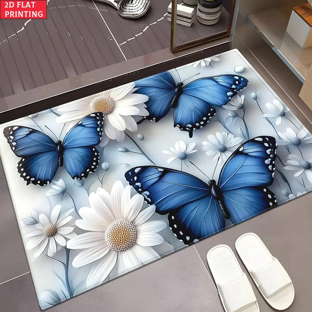 Blue butterfly flower door mat, Front Door Mat, outdoor mat, outdoor carpet, bathroom mat, suitable for bedroom and living room entrances